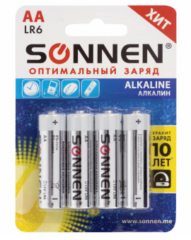 Батарейки КОМПЛЕКТ 4 шт., SONNEN Alkaline, АА (LR6, 15А), алкалиновые, пальчиковые, блистер, 451085
