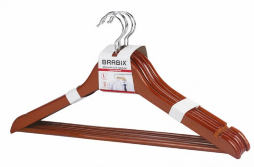 Вешалки-плечики, размер 48-50, КОМПЛЕКТ 5 шт., дерево, перекладина, цвет вишня, BRABIX "Стандарт"