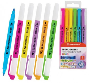 Набор текстовыделителей двусторонних 6 НЕОНОВЫХ ЦВЕТОВ, BRAUBERG "TWIN NEON", линия 1-5 мм