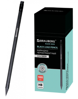 Карандаш чернографитный BRAUBERG, 1 шт., "Black Jack", НВ, с ластиком, черное дерево, корпус черный