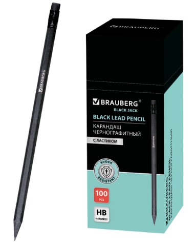 Карандаш чернографитный BRAUBERG, 1 шт., "Black Jack", НВ, с ластиком, черное дерево, корпус черный
