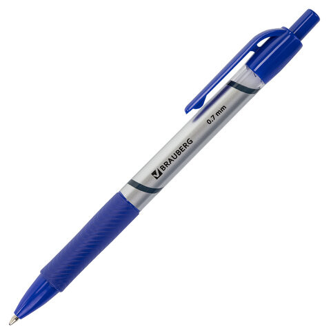 Ручка шариковая автоматическая с грипом BRAUBERG "Leader", СИНЯЯ, корпус с печатью, узел 0,7 мм, линия письма 0,35 мм