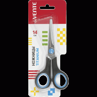 Ножницы канцелярские "deVENTE. Titanium" 14 см, лезвия из нержавеющей стали с титановым покрытием, двухцветные прорезиненные кольца, в картонном блистере