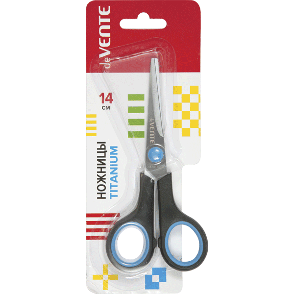 Ножницы канцелярские "deVENTE. Titanium" 14 см, лезвия из нержавеющей стали с титановым покрытием, двухцветные прорезиненные кольца, в картонном блистере