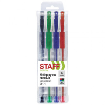 Ручки гелевые с грипом STAFF "EVERYDAY" GP-171, НАБОР 4 ЦВЕТА, узел 0,5 мм, линия письма 0,35 мм