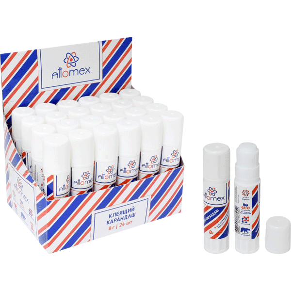 Клеящий карандаш PVA основа "Attomex" 08 г в картонном дисплее с пластиковым поддоном