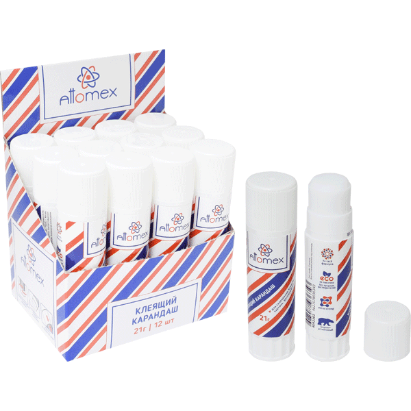 Клеящий карандаш PVA основа "Attomex" 21 г в картонном дисплее с пластиковым поддоном