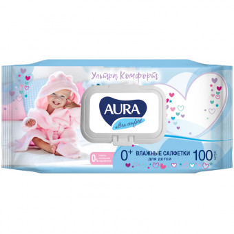 Салфетки влажные Aura "Ultra comfort", 100шт., детские, с алоэ, очищающие, без спирта, клапан Салфетки влажные Aura "Ultra comfort", 100шт., детские, с алоэ, очищающие, без спирта, клапан