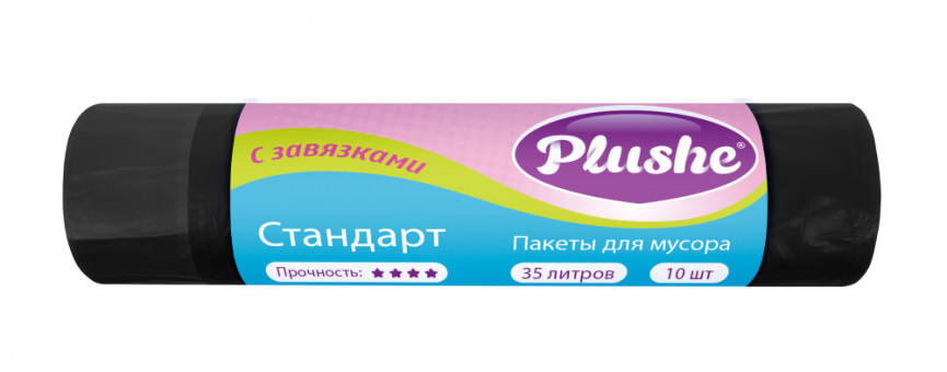 Мешок для мусора Plushe ПНД 35л, 10шт,с завяз, Standart, черные, 50 в уп