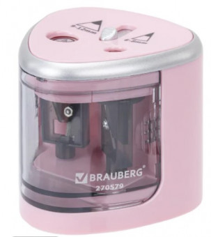 Точилка электрическая BRAUBERG DUAL (для 2 диаметров карандашей!), 4 батарейки АА, розовая