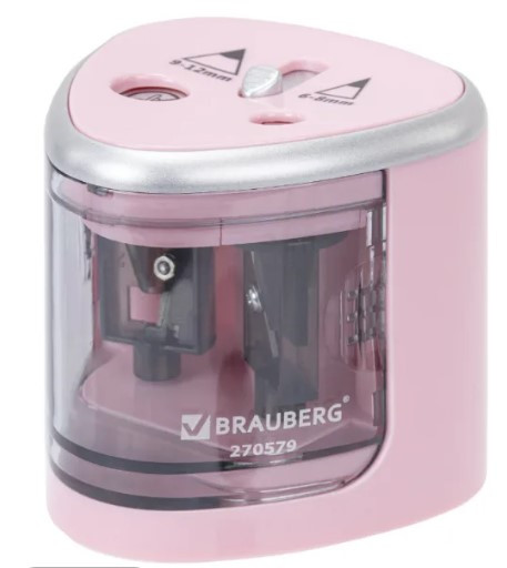 Точилка электрическая BRAUBERG DUAL (для 2 диаметров карандашей!), 4 батарейки АА, розовая