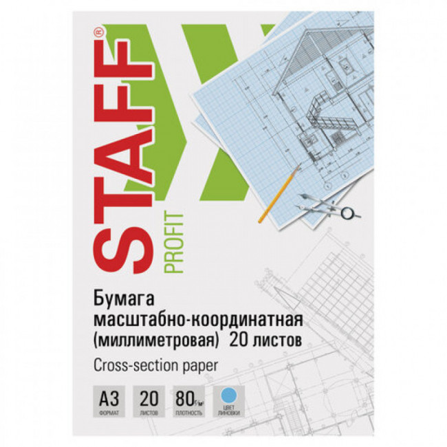 Бумага масштабно-координатная (миллиметровая), папка, А4, голубая, 20 листов, ПЛОТНАЯ 80 г/м2, STAFF