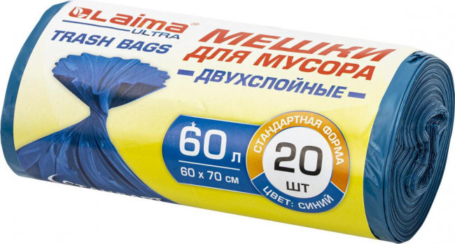 Мешки для мусора LAIMA "ULTRA" 60 л синие, в рулоне 20 шт. прочные, ПВД 21 мкм, 60х70 см