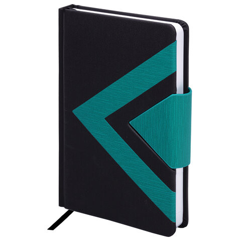 Ежедневник недатированный А5 138x213 мм BRAUBERG "Waves", под кожу, застежка, 160 л., черный/бирюзовый