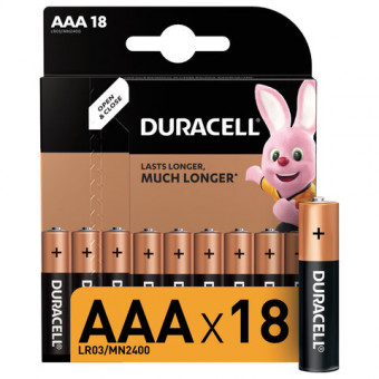 Батарейки КОМПЛЕКТ 18 шт., DURACELL Basic ОРИГИНАЛ, AAA (LR03, 24А), алкалиновые, мизинчиковые