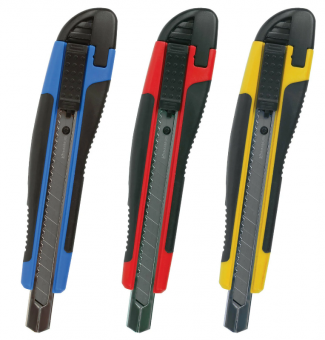 Нож канцелярский 9 мм BRAUBERG "Universal", автофиксатор, цвет ассорти, резиновые вставки, блистер, 236970