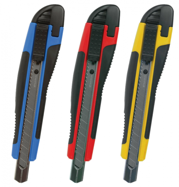 Нож канцелярский 9 мм BRAUBERG "Universal", автофиксатор, цвет ассорти, резиновые вставки, блистер, 236970