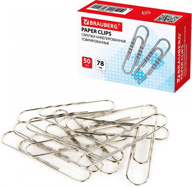 Скрепки большие 78 мм, BRAUBERG, никелированные, гофрированные, 50 шт., в картонной коробке