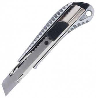 Нож канцелярский 18 мм BRAUBERG "Metallic", металлический корпус (рифленый), автофиксатор, блистер