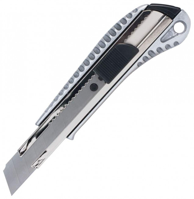 Нож канцелярский 18 мм BRAUBERG "Metallic", металлический корпус (рифленый), автофиксатор, блистер
