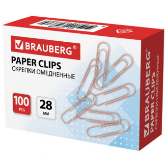 Скрепки BRAUBERG, 28 мм, омедненные, 100 шт., в картонной коробке
