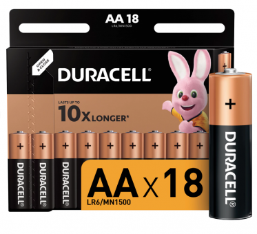 Батарейки КОМПЛЕКТ 18 шт., DURACELL Basic ОРИГИНАЛ, AA (LR6, 15А), алкалиновые, пальчиковые