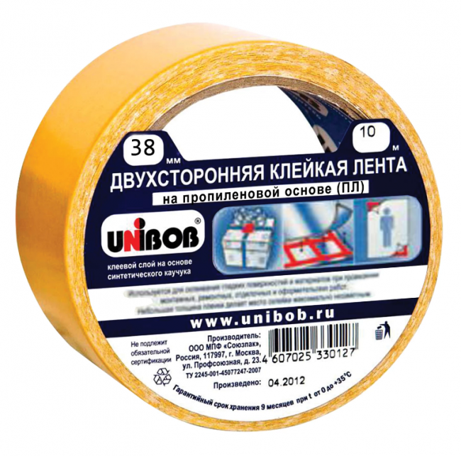 Клейкая двухсторонняя лента 38 мм х 10 м, ПОЛИПРОПИЛЕНОВАЯ ОСНОВА, UNIBOB, 38566