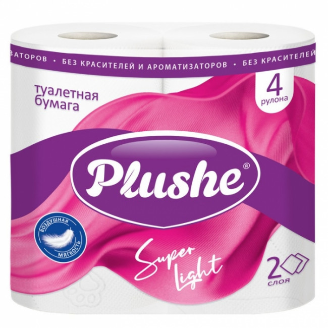 Туалетная бумага 4 рулона, 2 слоя, белые, Plushe SUPER LIGHT