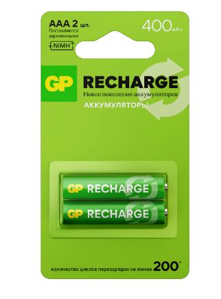 Батарейки аккумуляторные GP ReCharge Ni-Mh мизинчиковые КОМПЛЕКТ 2 шт., ААА (HR03) 400 mAh, 40AAAHCV, 40AAAHCV-2CRSB