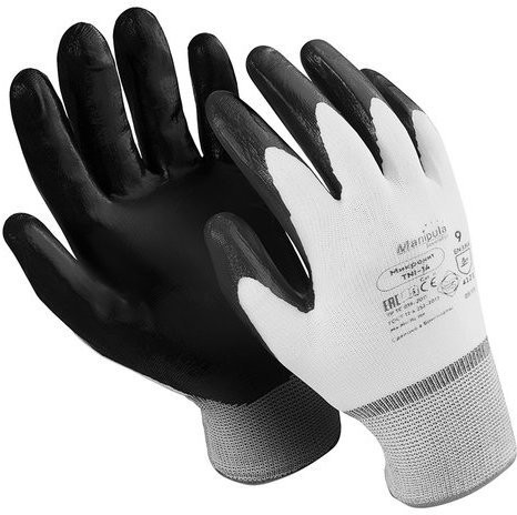 Перчатки нейлоновые MANIPULA "Микронит", нитриловое покрытие (облив), размер 9 (L), белые/черные, TNI-14 Перчатки нейлоновые MANIPULA "Микронит", нитриловое покрытие (облив), размер 9 (L), белые/черные, TNI-14