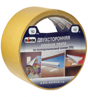 Клейкая двухсторонняя лента 50 мм х 10 м, ПОЛИПРОПИЛЕНОВАЯ ОСНОВА, UNIBOB, 28211