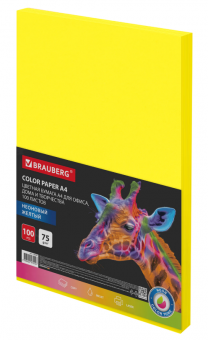 Бумага цветная BRAUBERG, А4, 75 г/м2, 100 л., НЕОН, желтая, для офисной техники, 116670