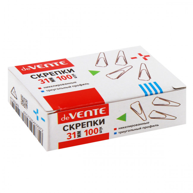 Скрепки металлические "deVENTE" треугольный профиль, никелированные 31 мм, 100 шт в картонной коробке