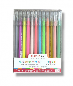 Набор акриловых ручек 12 цветов, 0,6мм, трёхгранные, неоновые ZUIXUA/C3573