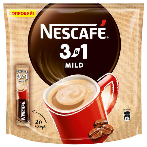 Кофе растворимый порционный NESCAFE "3 в 1 Мягкий", КОМПЛЕКТ 20 пакетиков по 14,5