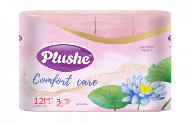 Туалетная бумага Plushe «Comfort care» water lily, розовый, аромат.,12 рул., 3 слоя
