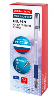 Ручка гелевая РОССИЯ "PATRIOT-GT", СИНЯЯ, корпус прозрачный, узел 0,7 мм, линия письма 0,4 мм, BRAUBERG, 143959