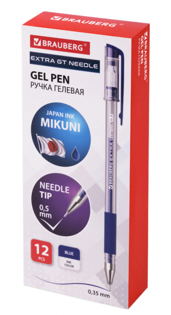 Ручка гелевая с грипом BRAUBERG "EXTRA GT NEEDLE", СИНЯЯ, игольчатый узел 0,5 мм, линия 0,35 мм, 143916