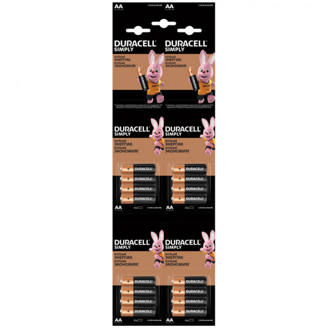 Батарейка Duracell Simply AA (LR06) алкалиновая, 4х4BL, отрывной набор (16)