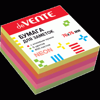 Клейкая бумага для заметок "deVENTE" 76x76 мм, 400 листов, офсет 75 г/м², 5 неоновых цветов