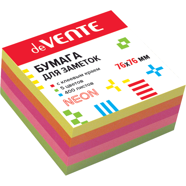 Клейкая бумага для заметок "deVENTE" 76x76 мм, 400 листов, офсет 75 г/м², 5 неоновых цветов Клейкая бумага для заметок "deVENTE" 76x76 мм, 400 листов, офсет 75 г/м², 5 неоновых цветов