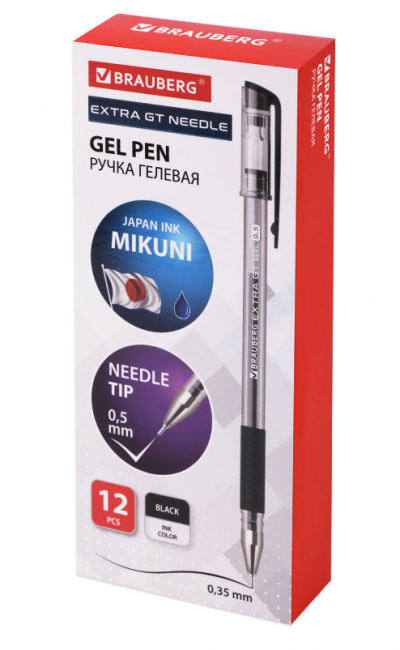 Ручка гелевая с грипом BRAUBERG "EXTRA GT NEEDLE", ЧЕРНАЯ, игольчатый узел 0,5 мм, линия 0,35 мм, 143918