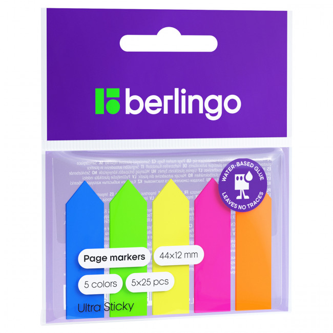 Флажки-закладки пластиковые Berlingo "Ultra Sticky", 12*44мм, стрелки, 25л*5 неоновых цветов Флажки-закладки пластиковые Berlingo "Ultra Sticky", 12*44мм, стрелки, 25л*5 неоновых цветов