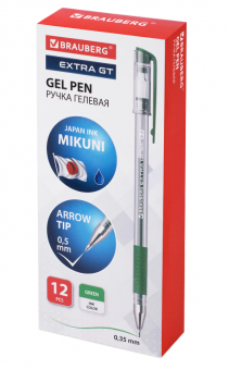 Ручка гелевая с грипом BRAUBERG "EXTRA GT", ЗЕЛЕНАЯ, стандартный узел 0,5 мм, линия 0,35 мм, 143922