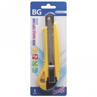 Нож канцелярский BG "Comfy", 18 мм, система "Auto-lock", металлическая направляющая, 2 зап. лезвия Нож канцелярский BG "Comfy", 18 мм, система "Auto-lock", металлическая направляющая, 2 зап. лезвия