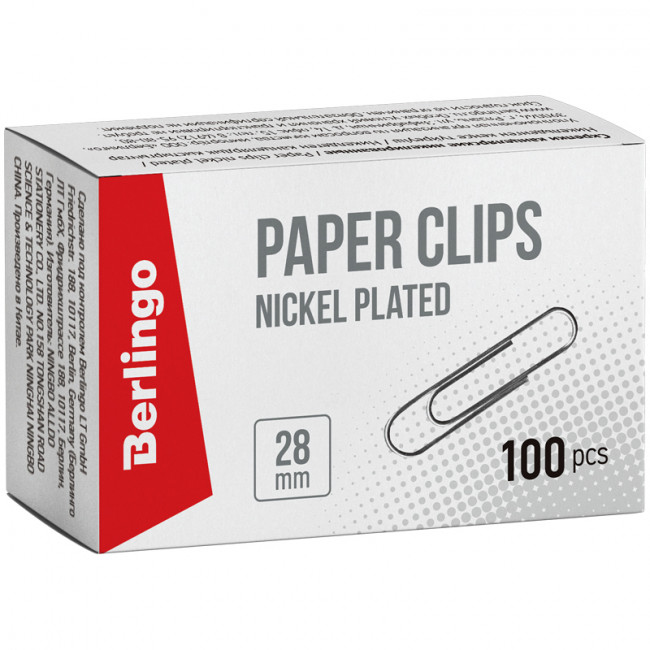 Скрепки 28мм, Berlingo, 100шт., никелированные, карт. упаковка