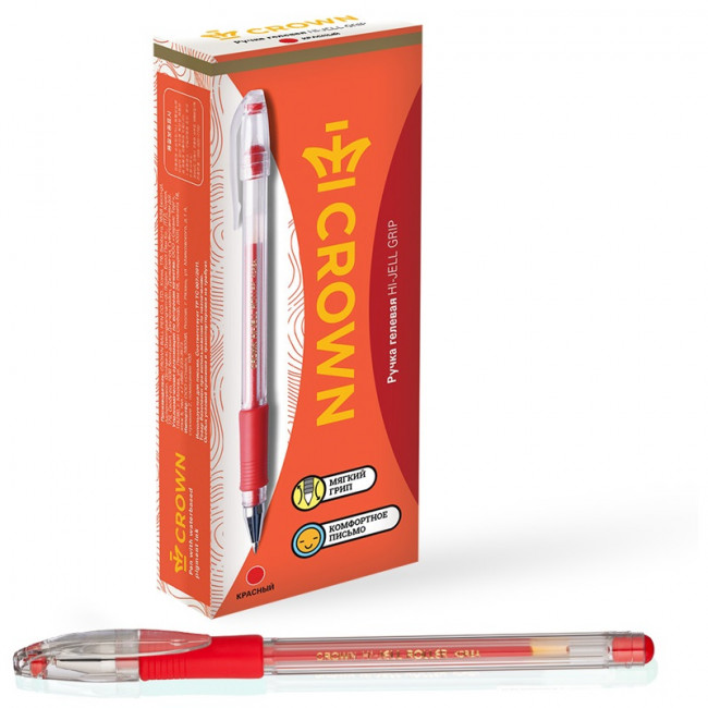Ручка гелевая Crown "Hi-Jell Grip" красная, 0,5мм, грип (12)