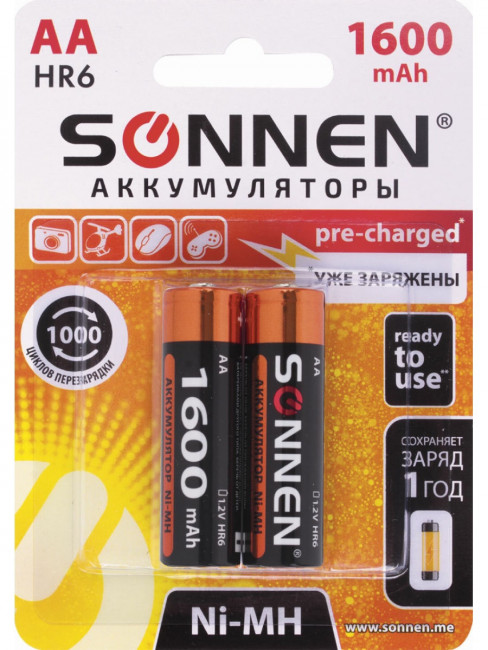 Батарейки аккумуляторные КОМПЛЕКТ 2 шт., SONNEN, АА (HR6), Ni-Mh, 1600 mAh, в блистере Батарейки аккумуляторные КОМПЛЕКТ 2 шт., SONNEN, АА (HR6), Ni-Mh, 1600 mAh, в блистере