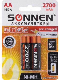 Батарейки аккумуляторные КОМПЛЕКТ 2 шт., SONNEN, АА (HR6), Ni-Mh, 2700 mAh, в блистере