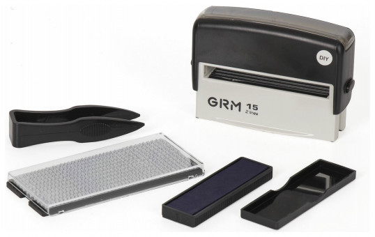 Штамп самонаборный 2-строчный, оттиск 69х10 мм, синий без рамки, GRM 15, КАССА В КОМПЛЕКТЕ